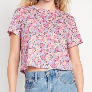 NWT Old Navy Womens Cropped Floral Cotton Tee Pink/Blue Cottage Bloom Casual
